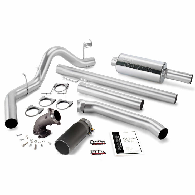 Monster Exhaust System W/Power Elbow Single Exit Black Round Tip 98-02 Dodge 5.9L Extended Cab Banks Power