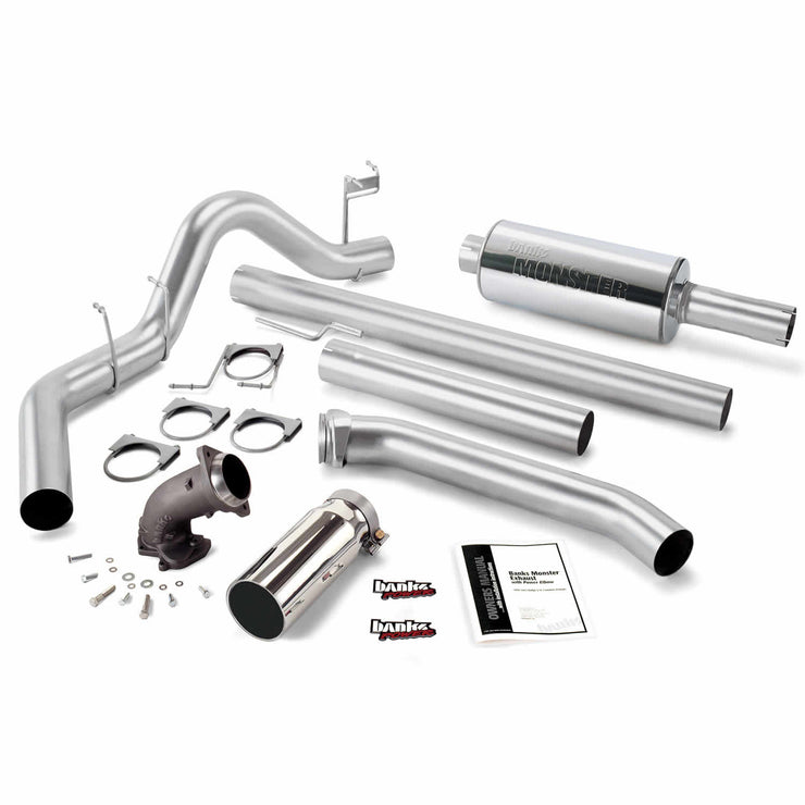 Monster Exhaust System W/Power Elbow Single Exit Chrome Round Tip 98-02 Dodge 5.9L Extended Bed Banks Power